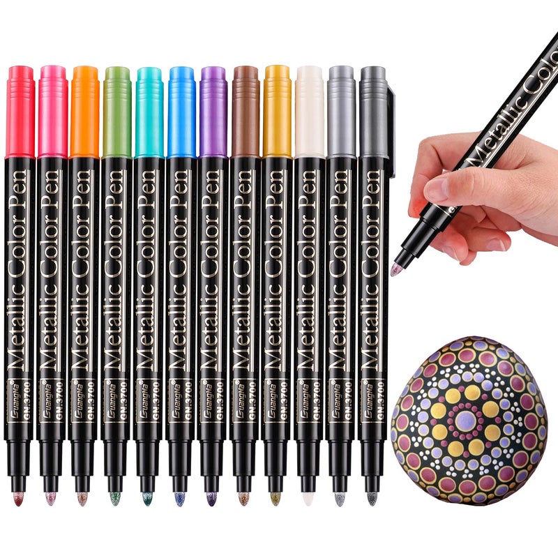 Sunshilor Metallic Marker Pens, 12 Colors Medium Point Metallic Pens Paint Markers for Black Paper, Rock Painting, Card Making, DIY Photo Album, Scrapbook Crafts, Metal, Wood, Ceramic, Glass - Image 1